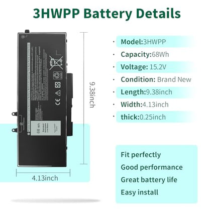 68Wh 3HWPP 15.2V Battery Replacement for Dell Inspiron 7706 2-in-1 Black | Inspiron 17 7500 7506 2-in-1 Black, Latitude 5401 5410 5411 5501 5510 5511 Precision 3551 3541 1VY7F - size: 9.38*4.13*0.25inch 3HWPP