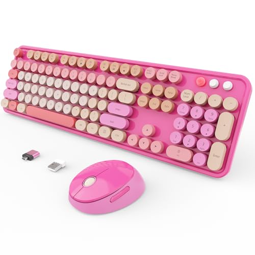 SkyGive Wireless Keyboard and Mouse Combo, Ergonomic Full Size Typewriter Retro Round Keycaps Keyboard, Compatible with Windows, PC, Perfer for Home and Office Keyboards （Red） - color: Cherry Red