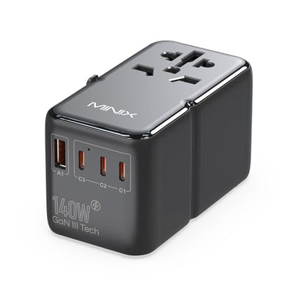 MINIX 140W Universal Travel Adapter, GaN III International Power Adapter, 3 USB-C 1 USB-A Ports, AC Outlet, Worldwide US/UK/EU/AU Travel Charger for Cameras Laptops Tablets Phones and More - style: 140W-Super Fast Charge