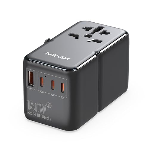 MINIX 140W Universal Travel Adapter, GaN III International Power Adapter, 3 USB-C 1 USB-A Ports, AC Outlet, Worldwide US/UK/EU/AU Travel Charger for Cameras Laptops Tablets Phones and More - style: 140W-Super Fast Charge