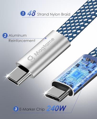 Magnetic 240W USB C to USB C Cable, Coiled USB Type C Cable Fast Charging for iPhone 15/15 Plus/15 Pro/15 Pro Max, MacOS, i-Pad Pro, Samsung Galaxy S24/S23/S22 Ultra, Switch 5FT Blue | Winding Cable Fast Charging for iPhone 17/16/15 Plus/15 Pro/15 Pro Max