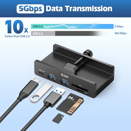 EJAY Clamp USB Hub 5-in-1 USB C Hub 59" Cable for iMac & PC | | Aluminum | Mountable Splitter | Desktop Edge Fixed Hub | Home Office Setup | Long Cable - color: Black