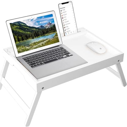 Artmeer X-Large Bamboo Bed Tray with Device Slot and Folding Legs, White | X-large FSC-certified bamboo bed tray with device slot, folding legs and extra space for meals, laptops and reading in bed. - color: White, size: X-Large