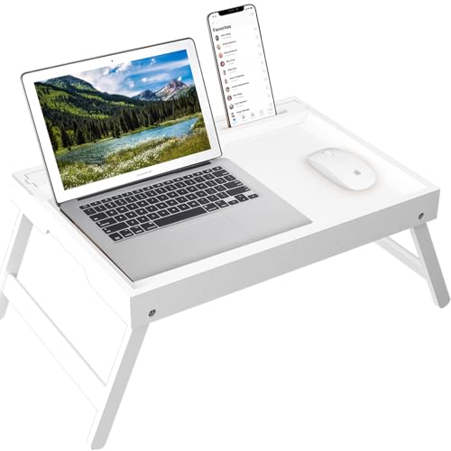 Artmeer X-Large Bamboo Bed Tray with Device Slot and Folding Legs, White | X-large FSC-certified bamboo bed tray with device slot, folding legs and extra space for meals, laptops and reading in bed. - color: White, size: X-Large