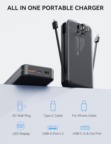 Nusyddy Portable Charger 20000mAh Fast Charging w/Built-in Wall Plug Black | PD20W Fast Charging, High Capacity, LED Display, Charge 5 Devices at once, TSA Approved, Compatible with iPhone/Samsung - color: Jet Black