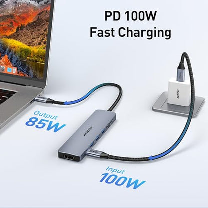 BENFEI USB C HUB 7-in-1 with HDMI(4K@60Hz,Certified), 100W Power Delivery, 3*USB 3.0, SD/TF Card Reader(160MB/s) Compatible with iPhone 15 Pro/Max, MacBook, iPad Pro, iMac, S23, XPS17 - color: Gray, size: 7-in-1