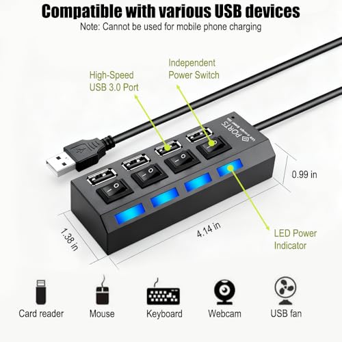 4-Port USB Hub with LED Indicators, 3.0 High-Speed Ports & 7.0 Ports, 5V Powered, Independent Switching for Keyboards, Mice, and Memory Cards, Compact Design for Computer Peripherals