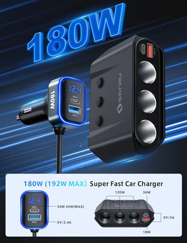 7 in 1 Cigarette Lighter Splitter, SONRU 180W (max 192W) 3-Socket Car Cigarette Lighter Adapter with Dual PD 36W/QC3.0 Fast Charging (3.7FT Cable) 12V/24V Independent Switches & LED Voltage Display