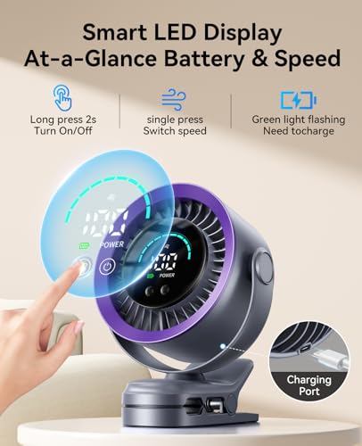 KIMMOO Portable Clip on Fan, 100-Speed Rechargeable USB Fan with LED Display, 360° Rotation & Strong Airflow Desk Fan, Up to 17 Hours Small Battery Fan for Outdoor Travel Camping Treadmill Car (Grey) - color: Grey