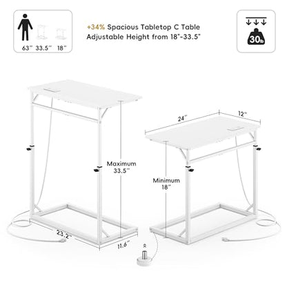 C Shaped End Table with Charging Station, C-Table End Table Adjustable Height Side Table for Couch, Large Couch Table, Slide Under Sofa Table TV Tray Arm Table for Living Room, Bedroom, White - color: White, style: With Plug