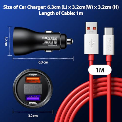 Car Charger for SuperVooc 100W 80W for OnePlus 13 15 13R 12R 12 11 | 65W Charger for OnePlus 10 Nord N30 N100 Open Pad 9 Pro 8 7T 6T 6 LED Display Dual USB Car Charge Adapter 3.3FT Fast Cable