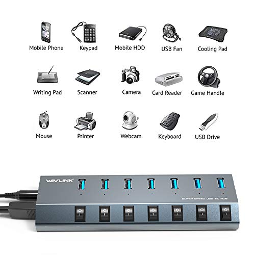 USB Hub 3.0, WAVLINK 7 Port Powered USB 3.0 hub 48W Charging, 5V/2.4A Each Ports with Individual Switches LED Indicator, USB Extension for Laptop, MacBook, iMac, PC, USB Flash Drives