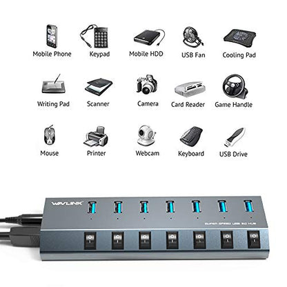 USB Hub 3.0, WAVLINK 7 Port Powered USB 3.0 hub 48W Charging, 5V/2.4A Each Ports with Individual Switches LED Indicator, USB Extension for Laptop, MacBook, iMac, PC, USB Flash Drives