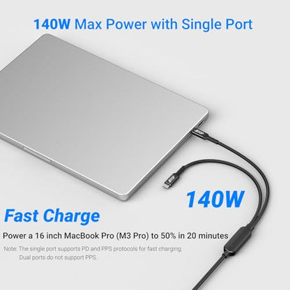 2-in-1 USB C to USB C Cable 140W,4ft Fast Charging Cable Compatible with iPhone 16/15 Series/MacBook Pro/Samsung Series and All USBC Device