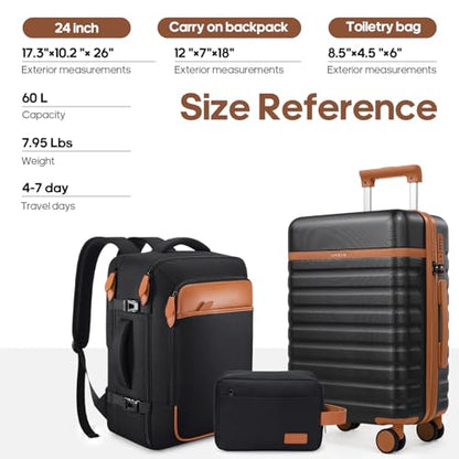UKEIN Luggage Sets 3 Piece, PC Hardside Checked Luggage 24 Inch With Spinner Wheels with TSA Lock, Large Suitcase Set With Travel Backpack for Men (Black, 3 piece set (24inch)) - color: Black, size: 3 piece set (24inch)