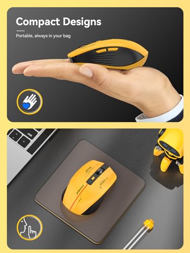 RAPIQUE Bluetooth Wireless Mouse - (BT1/BT2+USB Receiver) Tri-Device Compatibility for PC, Laptop, Computer, MacBook, Tablet (Black and Yellow) | 3-Device Switching, USB-C Rechargeable, Quiet Clicks, 800/1200/1600 DPI, 6 Buttons, Ergonomic Grip, For Lapto