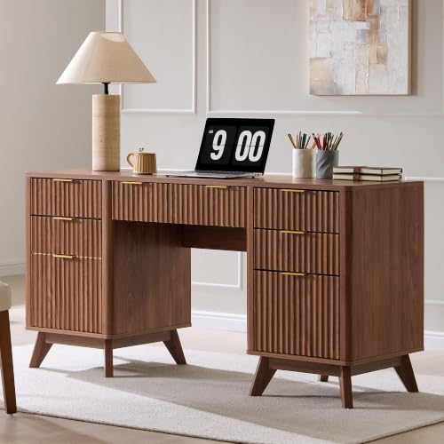 T4TREAM Fluted Executive Desk with Drawers, 60" Modern Home Office Computer Desk with Charging Station, File Cabinet, Keyboard Tray and Storage Cabinet for Study, Living Room, Bedroom, Light Walnut - color: Light Walnut