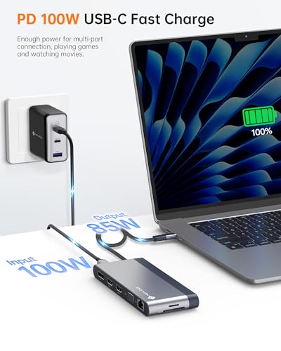 USB C Docking Station Quad Display, 14-in-1 Laptop Docking Station Dual Monitor, 8K@30Hz DP, Dual 4K@60Hz HDMI, VGA, 5 USB Data Ports, 100W PD, Ethernet, SD/TF, Mic/Audio, USB C HUB, Thunderbolt Dock - style: 14-in-1