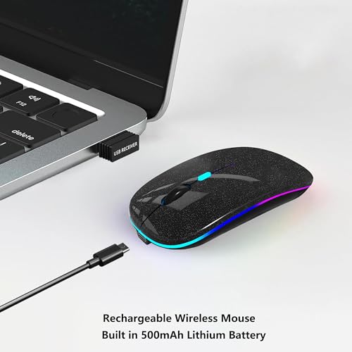 WREANU Wireless Bluetooth Mouse Rechargeable Laptop Mice with LED Lights Silent Slim Use(BT5.2 and 2.4G Portable USB Receiver)Dual Mode Computer Mouse for Laptop/iPad/Tablet/Apple/PC/Mac(Black Bright) - color: Black Bright
