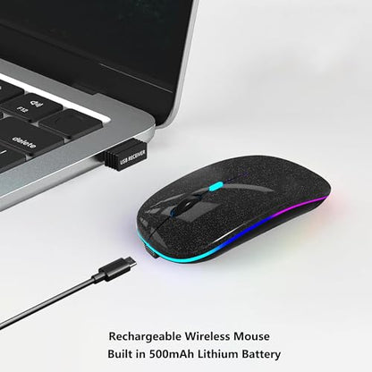 WREANU Wireless Bluetooth Mouse Rechargeable Laptop Mice with LED Lights Silent Slim Use(BT5.2 and 2.4G Portable USB Receiver)Dual Mode Computer Mouse for Laptop/iPad/Tablet/Apple/PC/Mac(Black Bright) - color: Black Bright