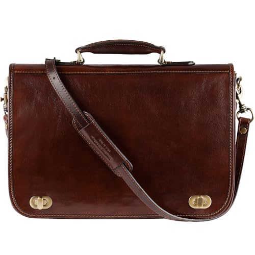 Time Resistance Leather Briefcase for Men - Italian Full Grain Leather Laptop Bag - Messenger Bag - Gift Box Included - color: Dark Brown