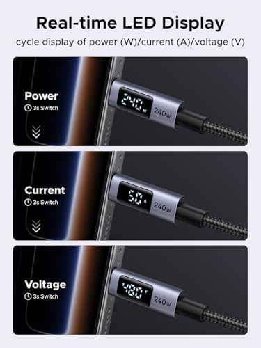 UGREEN USB C 240W Cable with Digital Display, PD 100W Fast Charging, 3.3FT | Compatible with MacBook Pro/Air, iPad Pro, XPS, Gaming Laptops, iPhone 17/16/15, Galaxy S26/S25, Pixel & More. Nylon Braided. - size: 3.3FT
