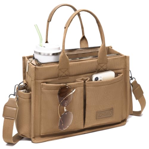 Canvas Tote Bag for Women,Women's Bags Crossbody Bags Work Laptop Tote Bag Large Handbags Purse for Travel Nurse Teacher - color: New Upgrade Brown With Compartments and Side Cup Holders