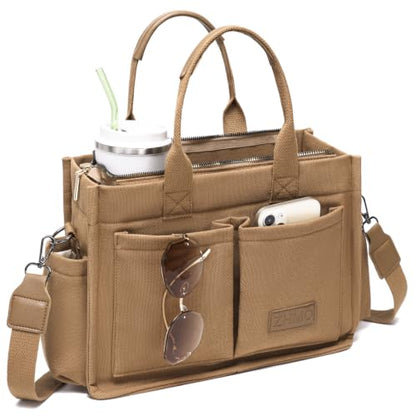 Canvas Tote Bag for Women,Women's Bags Crossbody Bags Work Laptop Tote Bag Large Handbags Purse for Travel Nurse Teacher - color: New Upgrade Brown With Compartments and Side Cup Holders