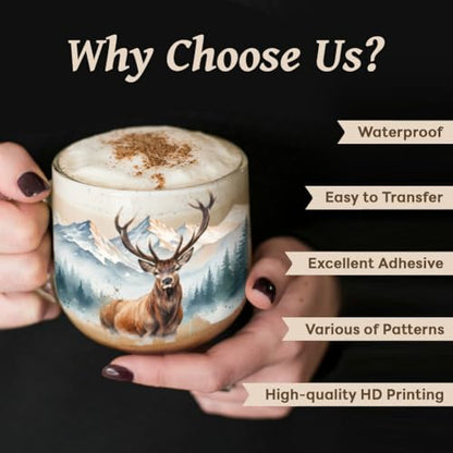 Peacoblue UV DTF Cup Wraps Transfer Stickers Forest Deer Pattern, 10 Sheets Waterproof Custom Vinyl Transfer Sticker 16oz Coffee Glass Cup Tumbler Bottle Mug Decals for Men Women - style: Forest Deer