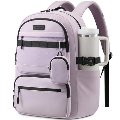 LOVEVOOK Laptop Backpack, 15.6" Carry On Airline Approved, Personal Item Bag Meets FAA Size, Trolley Sleeve Slides Over Suitcase, Waterproof Daypack for Travel College with Mini Pouch - color: Light Purple - Black, size: 15.6 Inch