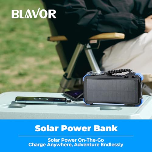 BLAVOR Solar Power Bank 20000mAh Built-in Cables, Wireless Charger for Phones & Apple Watch, 20W Fast Charging Battery Pack with USB C, Flashlight, Solar Charger for iPhone, iPad, iWatch, Samsung - color: Blue