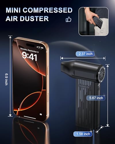 Rechargeable Compressed Air Duster, Min Blower Jet Turbo Fan, 200,000RPM 3-Gear Adjustable,Car Dryer Air Blower Cleaning,Air Cleaner for Computer,Cordless Leaf Blower Multi-Use