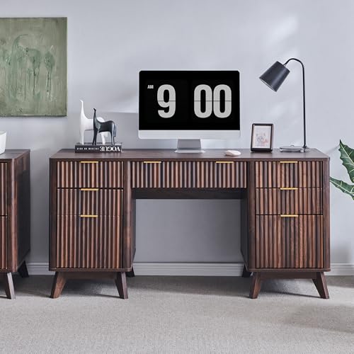 T4TREAM Fluted Executive Desk with Drawers, 60" Modern Home Office Computer Desk with Charging Station, File Cabinet, Keyboard Tray and Storage Cabinet for Study, Living Room, Bedroom, Dark Walnut - color: Walnut