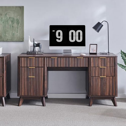T4TREAM Fluted Executive Desk with Drawers, 60" Modern Home Office Computer Desk with Charging Station, File Cabinet, Keyboard Tray and Storage Cabinet for Study, Living Room, Bedroom, Dark Walnut - color: Walnut