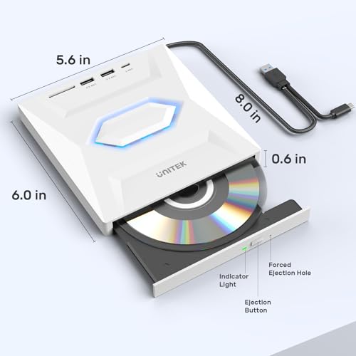 Unitek External CD/DVD Drive USB C Portable DVD Player with SD Card Slots 3 USB Ports CD ROM Burner External Disk Drive Optical Compatible with Laptop Desktop Mac Windows 11/10/8/7 Linux - color: 5-IN-1 WHITE