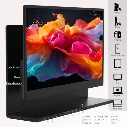 Portable Monitor 15.6 Inch 1080p Built-in Hub Docking Station 64G Storage Card IPS Display with Foldable Stand for Mac Windows, iPad,Smart Phone