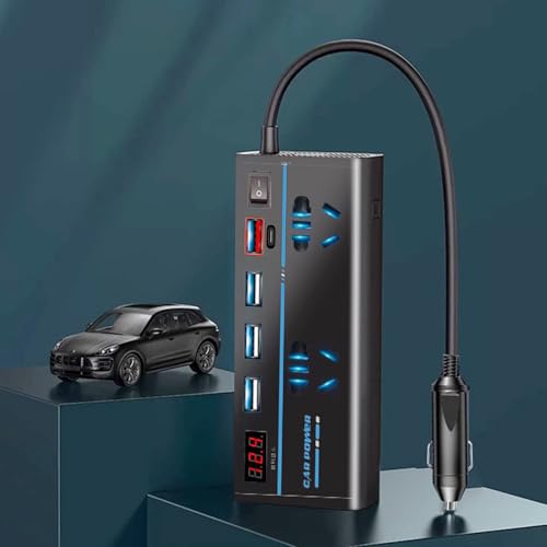 200W Car Power Inverter, DC 12V to 110V AC Car Plug Adapter Outlet with 1 QC3.0 [24W USB-C] / 3 Total 3.0A USB A/Car Charger for Laptop (LED Display)