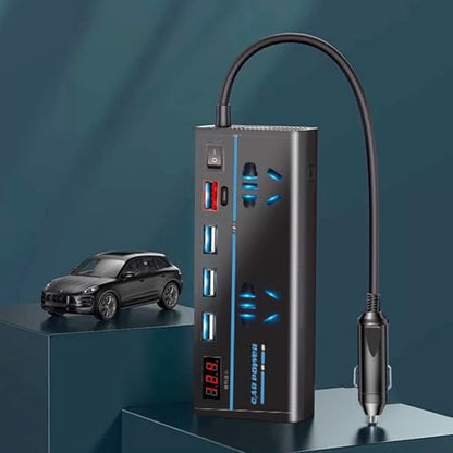 200W Car Power Inverter, DC 12V to 110V AC Car Plug Adapter Outlet with 1 QC3.0 [24W USB-C] / 3 Total 3.0A USB A/Car Charger for Laptop (LED Display)