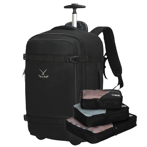 Hynes Eagle Rolling Backpack 42L Backpack with Wheels Airline Approved Carry on Luggage Laptop Travel Suitcase Bag for Women Men Jet Black with 3PCS Packing Cubes Set Black - color: Jet Black