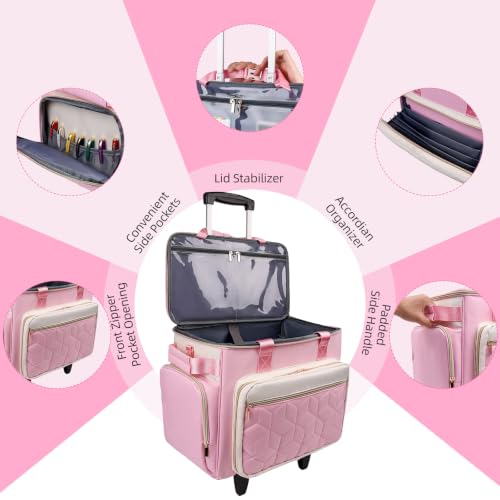 Rolling Teacher Bag, Fits 15.6" Laptop, With Cart,off-white pink | 4 Ways To Carry, 40L Large Cap, 1680 Oxford Puncture Resistant, Reinforced Design, Not Easy Collapse