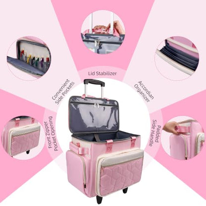 Rolling Teacher Bag, Fits 15.6" Laptop, With Cart,off-white pink | 4 Ways To Carry, 40L Large Cap, 1680 Oxford Puncture Resistant, Reinforced Design, Not Easy Collapse