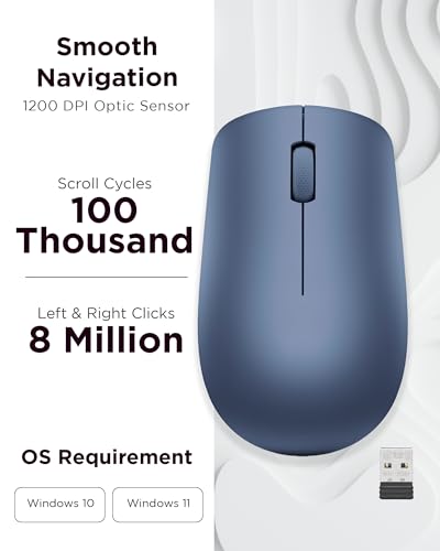 Lenovo 530 Wireless Mouse with Battery, 2.4GHz Nano USB, 1200 DPI Optical Sensor, Ergonomic for Left or Right Hand, Lightweight, GY50Z18986, Abyss Blue - color: Abyss Blue