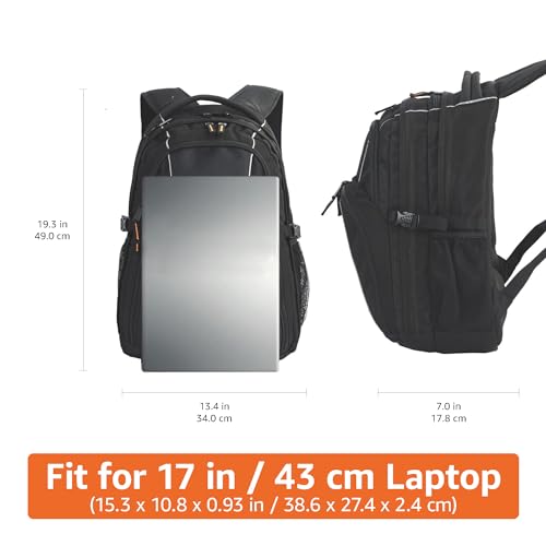 Amazon Basics Padded Laptop Backpack with Water Bottle Pockets, Travel Work Bag with Compartments, Fits Up to 17-Inch Laptops, Black