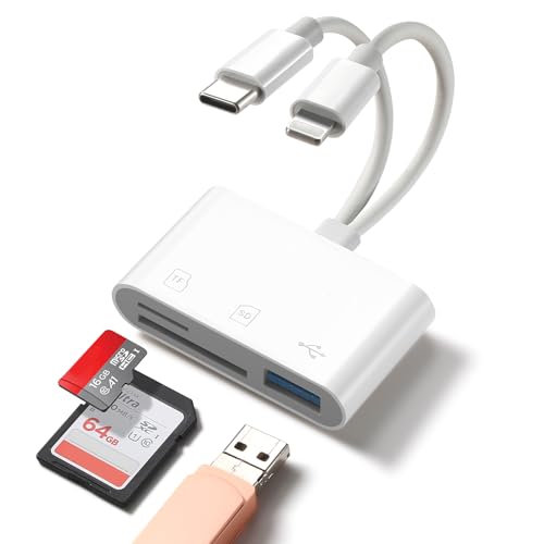 SD Card Reader for iPhone Android, Memory Card Reader Built-in Dual iOS & USB C Connector Card Reader with USB-A/SD/MicroSD 3 Slots, No Application Required Plug and Play