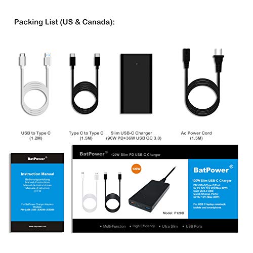 P120B 120W PD USB-C Slim Laptop Charger - Dual USB QC3.0, Compatible with Microsoft Surface Book 3/2/Pro X, USB-C Power Supply for Notebooks, Tablets & Type-C Devices
