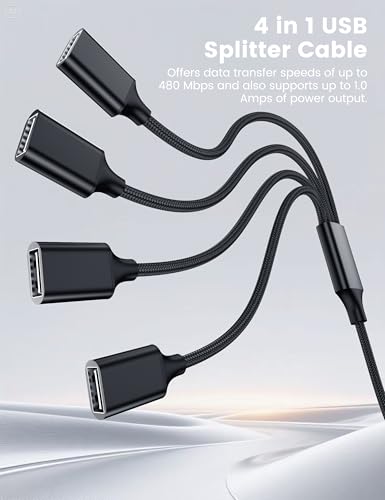 USB Splitter 1 in 4 Out, USB Y Cable, 3.3FT, Black | Four USB Port Extender Hub, A Male to 4 Female Extension Cord for TV/PC/Laptop/MacBook/Keyboard/PS4/PS5/Flash Drive/LED Etc. - style: 3.3FT/1M