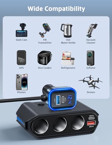 7 in 1 Cigarette Lighter Splitter, SONRU 180W (max 192W) 3-Socket Car Cigarette Lighter Adapter with Dual PD 36W/QC3.0 Fast Charging (3.7FT Cable) 12V/24V Independent Switches & LED Voltage Display