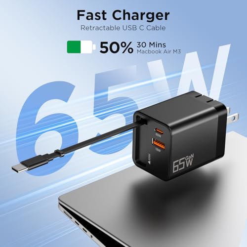 65W GaN USB C Charger with Retractable Charging Cable, 3-Port Power Adapter | Fast travel charger for MacBook, iPhone 17 16 15, Samsung Galaxy S24, iPad, multi port compact wall charging block, black - color: Black
