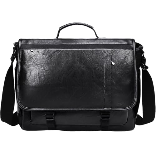 Messenger Bag for Men: Laptop Bag PU Leather Work Briefcase Large Carry On Computer for Office College Travel - color: Pu Black