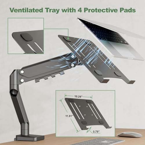 2-in-1 Gas Spring Laptop Desk Mount for 12"-17" Notebook/13"-32" Monitor | Full Motion Adjustable Laptop Desk Stand with Tray, Holds 3.3-17.6lbs, VESA 75/100MM, Clamp-on and Grommet Base